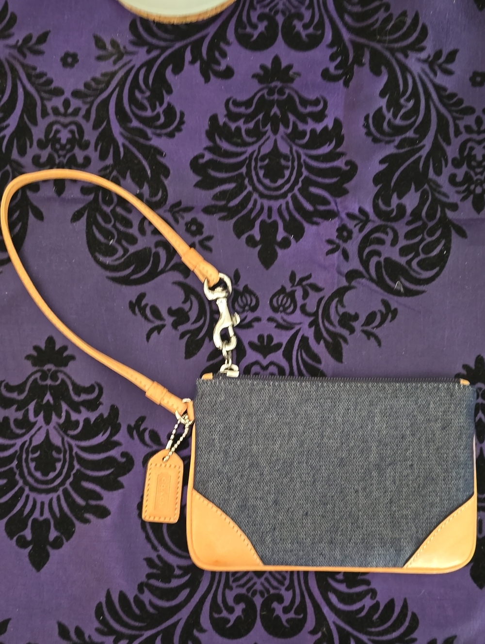 Vintage 2002 Coach Denim and Tan Leather Wristlet with Detachable Strap